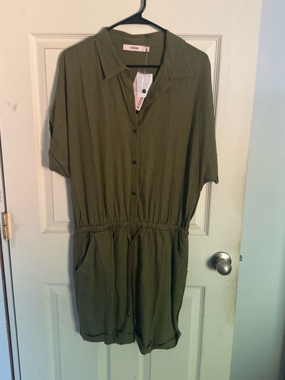 JustFab Olive Green Short Sleeve Button Romper Dress